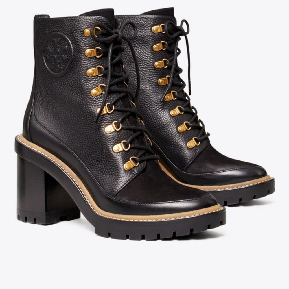 Tory Burch MILLER MIXED-MATERIALS LUG SOLE BOOT size 10 color black.